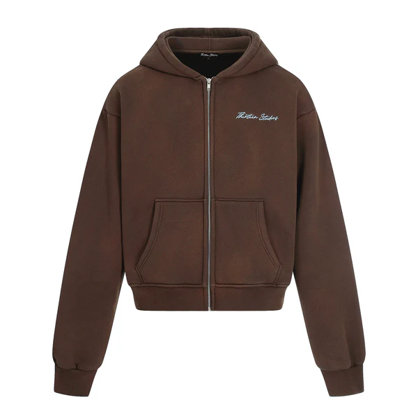 Thirteen Studios Embroidered Logo Zip-Up Hoodie Brown Front Look